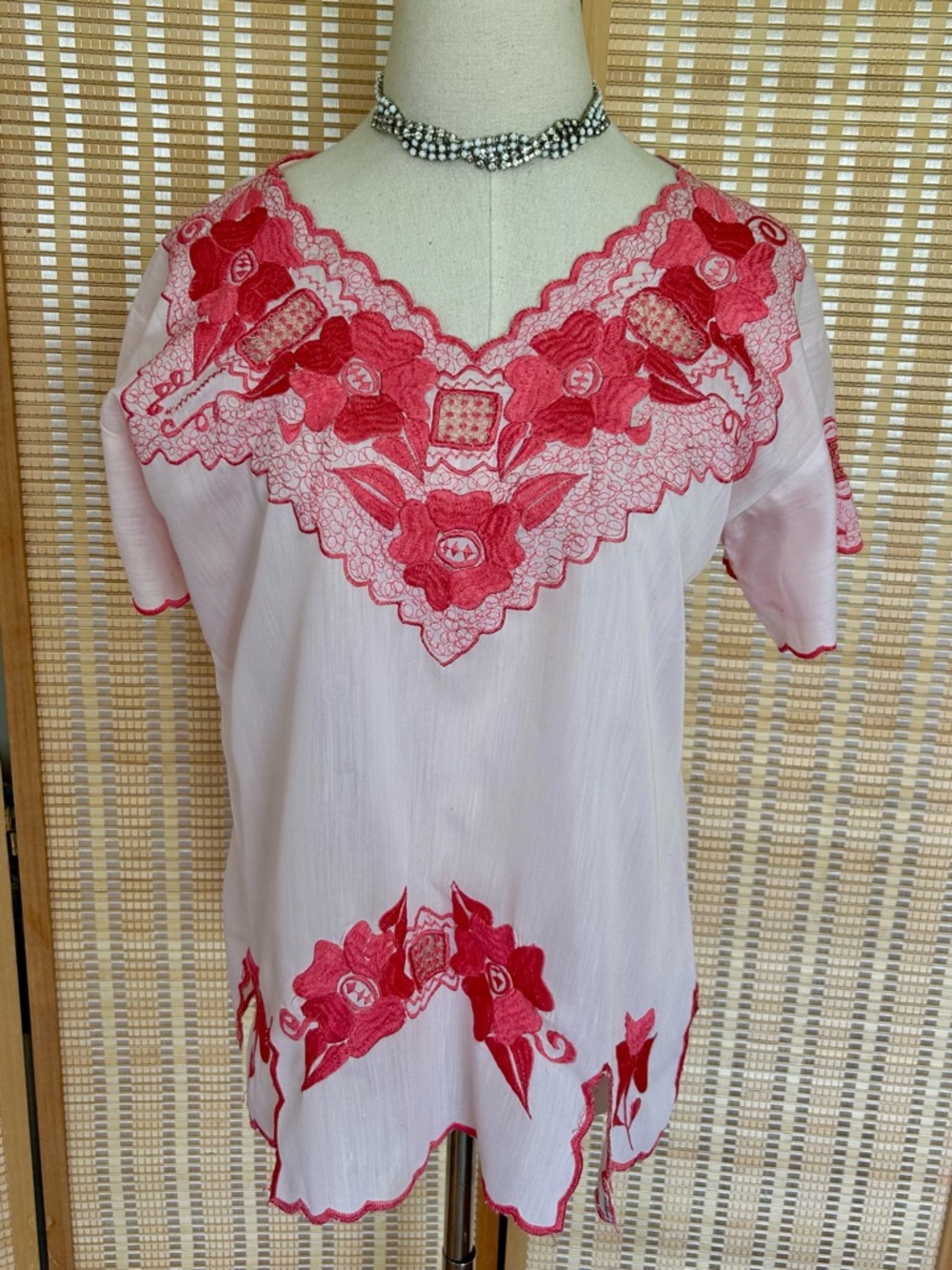 Vintage Boho Sheer Blouse Pink & Coral Embroidery | Floral Lace Top festival
